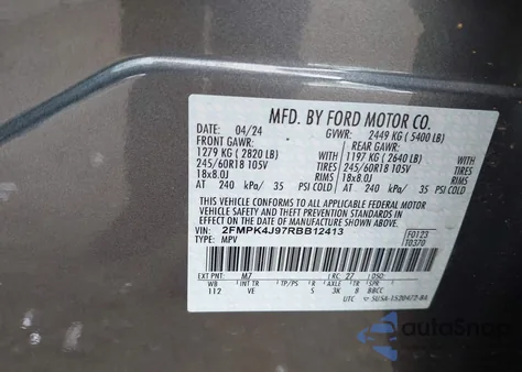 2024 Ford Edge Sel из США, поврежденный, VIN 2FMPK4J97RBB12413